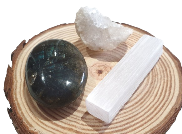 Lote labradorita, selenita y geoda de cuarzo